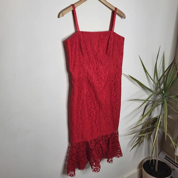 MILLY Kiss Red Lace Spaghetti Strap Slim Grace Dress With Flounce Hem - Picture 5 of 16